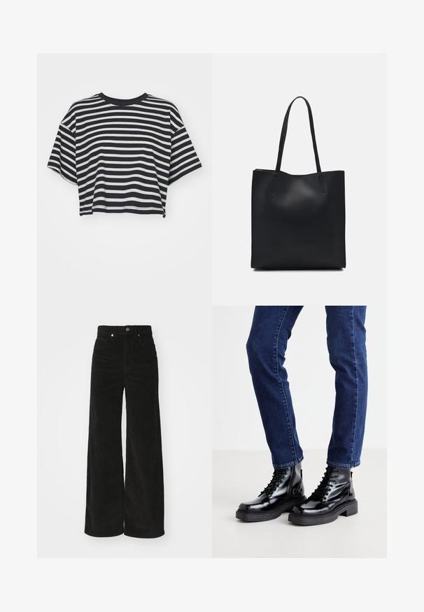 Rööbastega lühikeste varrukatega navy ja valge lühike t-särk. Ümar kaelus, pehme kangas horisontaalsete triipudega ja lõdva lõikega.; Mustardid mustad laiad püksid kõrge vöökoht, millel on kaks eesmist taskut ja metall-nupuga sulgemine. Tekstuuriga kangas koos vertikaalsete vöönditega.; Mustad läikivad nööbisaapad, millel on paks tald, sujuva tekstuuri ja ümarate varvastega, kantuna tumehallide kitsaste teksadega.; Mustast nahast kott sujuva tekstuuriga, ristkülikukujuline ja kahe pika sangaga. Pole nähtavat riistvara ega kaunistusi.