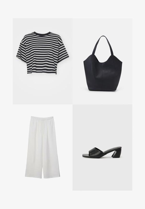 Gestreept cropped t-shirt in marineblauw en wit. Korte mouwen, ronde halslijn, zachte stof met horizontale strepen en een relaxte pasvorm.; Witte wijde broek van lichtgewicht stof, met een elastische tailleband en een trekkoord voor een verstelbare pasvorm. Glad texture.; Zwarte hogere sandaal met een gladde faux leren bovenkant, open teenontwerp en een kenmerkende hoekige hak. Minimalistisch, vierkant gevormd voetbed.; Zwarte tote tas van glad leer, met een gebogen, open bovenkant en twee schouderbanden, en een minimalistisch ontwerp.
