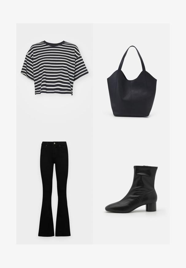 Svītrainā īsā t-kreklā jūras zilā un baltā krāsā. Īsas piedurknes, apaļa kakla izgriezums, mīksts audums ar horizontālām svītrām un brīvu piegriezumu.; Melni augsta jostas šorti ar pogu un rāvējslēdzēju, priekšējām kabatām un izplestām kājām, nolikti uz balta fona.; Melnas potītes zābaki ar gludu ādas tekstūru, smailu purngalu un cilindrisku bloku papēdi. Raksturīga pieguļoša silueta un rāvējslēdzēja aizdare.; Melnas rokassomas, kas izgatavota no gludas ādas, ar izliekto atvērto augšu, divām plecu jostām un minimālistisku dizainu.