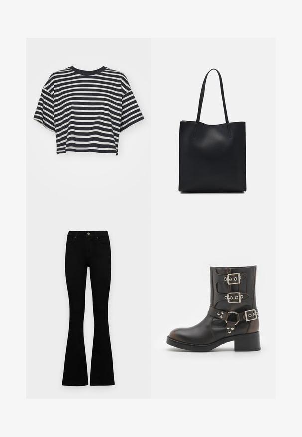 Pruhované zkrácené tričko v námořnické modré a bílé barvě. Krátké rukávy, kulatý výstřih, měkká tkanina s vodorovnými pruhy a uvolněný střih.; Černé vysoké džíny s knoflíkem a zipovým zapínáním, předními kapsami a rozšířenými nohavicemi, ležící na bílé podložce.; Černá kožená kotníková bota se třemi nastavitelnými stříbrnými přezkami, kruhovým páskem jako akcentem a nízkým blokovým podpatkem. Hladký povrch a zaoblená špička.; Černá kožená taška přes rameno s hladkým povrchem, obdélníkovým tvarem a dvěma dlouhými uchy. Žádné viditelné kování ani ozdoby.