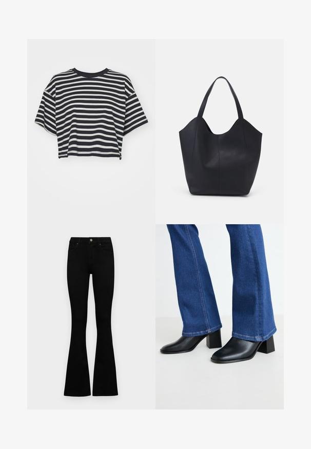 Rööbastega lühikeste varrukatega navy ja valge lühike t-särk. Ümar kaelus, pehme kangas horisontaalsete triipudega ja lõdva lõikega.; Mustad kõrge vöökohtadega teksad, millel on nööp ja lukuga sulgemine, esikäe taskud ja laienevad sääred, asetatud tasasele valgele taustale.; Mustad musta nahast pahkluu saapad ruudu otsaga ja ploki kontsaga, kombineeritud siniste denimidest flare-pükstega, mille allääres on kontrastne õmblus.; Must must kinnas must rinna, millel on kaarjas avatud ülemine osa, kaks õlarihma ja minimalistlik disain.