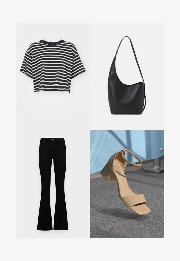 Rööbastega lühikeste varrukatega navy ja valge lühike t-särk. Ümar kaelus, pehme kangas horisontaalsete triipudega ja lõdva lõikega.; Mustad kõrge vöökohtadega teksad, millel on nööp ja lukuga sulgemine, esikäe taskud ja laienevad sääred, asetatud tasasele valgele taustale.; Beežid plokk-kandikud sandaalid, ruudu toe ja minimaalsete rihmadega, nööbitud pahkluu. Sile matt materjal hallil pinnal.; Mustast nahast hobo kott, millel on sile tekstuur, kumer kuju ja üks reguleeritav rihm; peal on lai avaus.