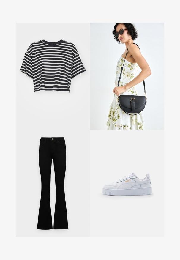 Gestreept cropped t-shirt in marineblauw en wit. Korte mouwen, ronde halslijn, zachte stof met horizontale strepen en een relaxte pasvorm.; Zwarte hoge taille jeans met een knoop- en ritssluiting, voorzakken en een flared pijp, plat gelegd op een witte achtergrond.; Witte leren sneakers met een stevige zool, voorzien van een gladde textuur, minimalistisch ontwerp, zijstrepen en een klein logodetail.; Zwarte leren handtas met een gebogen vorm, afneembare schouderband en gouden hardware. De tas heeft een klep met een gespsluiting.