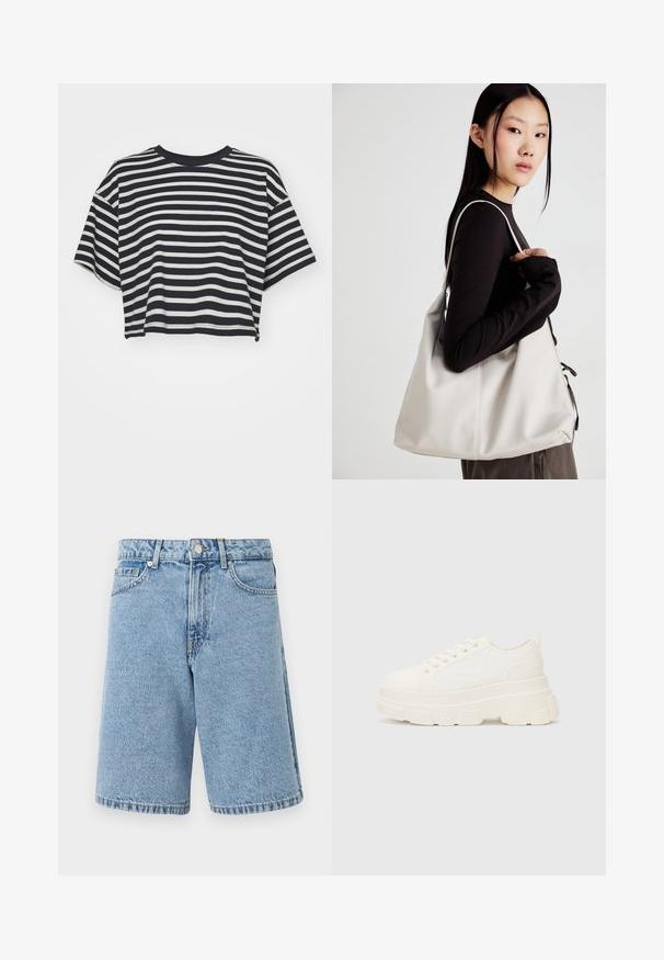 Svītrainā īsā t-kreklā jūras zilā un baltā krāsā. Īsas piedurknes, apaļa kakla izgriezums, mīksts audums ar horizontālām svītrām un brīvu piegriezumu.; Gai zili džinsu šorti ar klasisku griezumu, kuriem ir augsts jostasvieta, priekšējās kabatas un saplēsts apakšmalas dizains.; Baltas kavu tenisa apavi ar masīvu zoli, apaļu purngalu un piecām acīm auklām. Aizmugures cilpa vieglai uzvilkšanai. Gluda tekstūra, minimāls dizains.; Bežs rokassoma, izgatavota no mīksta materiāla, ar brīvu dizainu, izšūtu apdari un divām plecu siksnām. Piemērota ikdienas lietošanai.