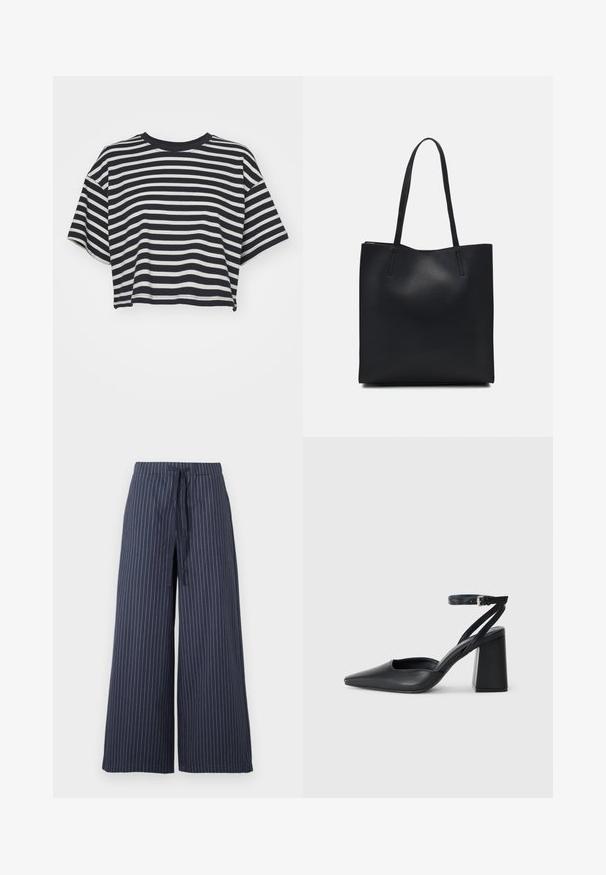 Striped cropped t-shirt in navy and white. Short sleeves, round neckline, soft fabric with horizontal stripes and a relaxed fit.; Wide-leg trousers in navy blue with white vertical stripes. Made from a lightweight fabric, featuring a drawstring waist and smooth texture.; Black leather pointy-toe pump with an ankle strap and a chunky heel. Flat texture, sleek design, and minimalistic aesthetics.; Black leather tote bag with smooth texture, rectangular shape, and two long handles. No visible hardware or embellishments.