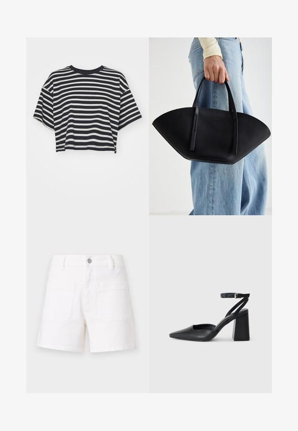 T-shirt cropped à rayures en bleu marine et blanc. Manches courtes, encolure ronde, tissu doux avec des rayures horizontales et une coupe décontractée.; Shorts en denim blanc avec une coupe droite, dotés de deux poches arrière et d'une fermeture à bouton en métal. Texture lisse et design classique.; Escarpin noir en cuir à bout pointu avec une bride de cheville et un talon épais. Texture lisse, design élégant et esthétique minimaliste.; Sac à main en cuir noir avec une forme de éventail unique, doté de poignées plates. La surface présente une texture granuleuse et un design minimaliste.