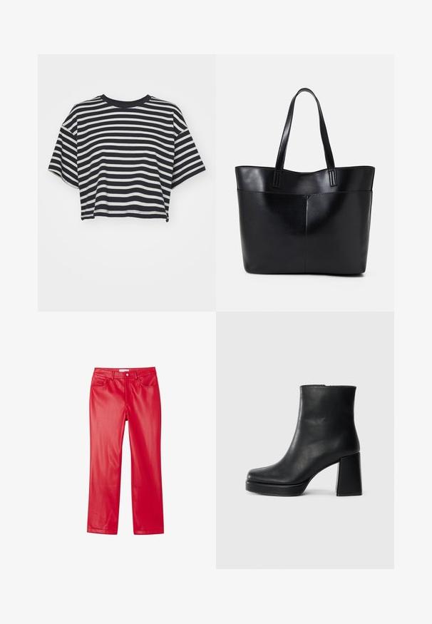 Τετράγωνη κοντομάνικη μπλούζα με ρίγες σε ναυτικό και λευκό. Κοντά μανίκια, στρογγυλή λαιμόκοψη, μαλακό ύφασμα με οριζόντιες ρίγες και χαλαρή εφαρμογή.; Κόκκινες ψεύτικες δερμάτινες παντελόνες με κομψό σχέδιο, ίσια γραμμή, πέντε τσέπες και λεία, γυαλιστερή υφή.; Μαύρη δερμάτινη μποτάκι στον αστράγαλο με τετράγωνο τακούνι και πλατφόρμα, απεικονισμένο από το πλάι σε λευκό φόντο.; Μαύρη δερμάτινη τσάντα tote με δύο μακριούς ιμάντες, λεία υφή και δομημένο σχήμα. Διαθέτει μπροστινή τσέπη για επιπλέον αποθήκευση.