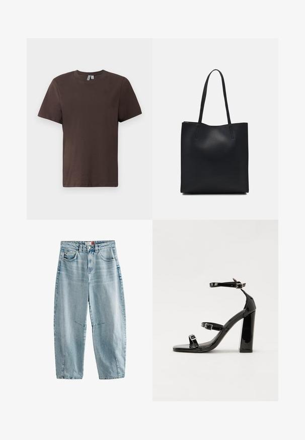 T-shirt in cotone marrone con collo rotondo, maniche corte e vestibilità rilassata. Tessuto liscio senza motivi o decorazioni visibili.; Jeans in denim blu chiaro con vita alta, vestibilità rilassata, due tasche anteriori, leggera scoloritura e spacchi laterali all'orlo.; Sandali con tacco in vernice nera, con punta squadrata, cinturini alla caviglia e fibbie in argento. Presentano un tacco a blocco spesso per maggiore stabilità.; Borsa tote in pelle nera con texture liscia, forma rettangolare e due manici lunghi. Nessun hardware o decorazione visibile.