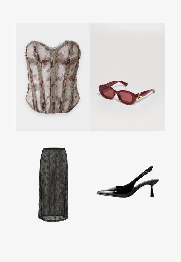Priehľadný korzet s kvetinovým vzorom v tlmených olivových tónoch, s konštrukčnými panelmi a surovými okrajmi, s výstrihom do tvaru srdca a zložitým prešívaním.; Čierna krajková midi sukňa s kvetinovým vzorom, elastickým pásom a priesvitnou látkou so bočnými rozparkami pre pridanie detailov a pohybu.; Čierne lakované kožené slingback lodičky s špicatou špičkou, vyrezávanými bokmi, nastaviteľným remienkom okolo členka a tenkým, elegantným podpätkom.; Červené plastové slnečné okuliare s obdĺžnikovým rámom, tónovanými sklami a zlatým logom na stranách. Hladký, lesklý povrch.; Čierny kvetinový náhrdelník s lístkami v vrstvenom prevedení, nosený s čiernym rebrovaným tielkom s striebornými akcentmi pozdĺž výstrihu a ramien.