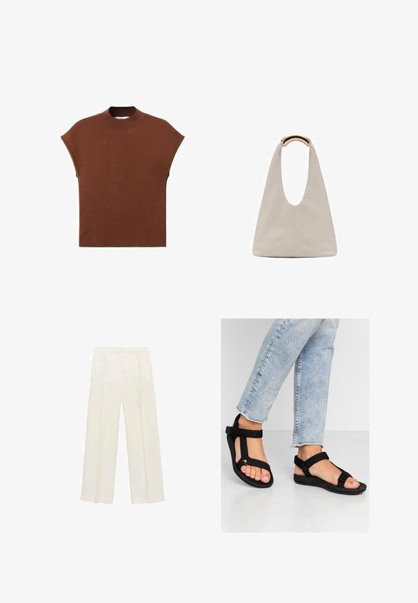 Brown short-sleeve sweater with a high neckline. Made from a smooth, soft material. Features a relaxed fit and rounded shoulder seams.; Wide-legged trousers in a light cream color. Made from a smooth fabric with pleats at the front and side pockets.; Black sandals with adjustable straps. Soft, textured material and a molded footbed. Paired with light blue distressed jeans.; Light gray leather bag with a U-shaped design and a curved metallic handle. Smooth texture with minimal stitching and no visible patterns.