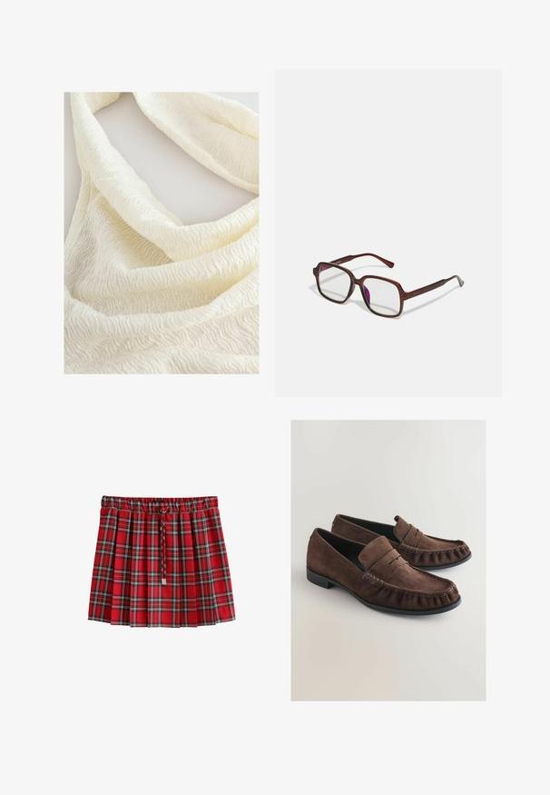 Next REGULAR FIT - TEXTURE - Débardeur - ecru; Jupe plissée écossaise rouge à motif vichy noir et blanc avec un cordon tressé à la taille élastique.; Mocassins en daim marron avec une texture douce, coutures de style moccasin et bout arrondi. Semelle en caoutchouc noir et détail de poignet en cuir plié.; Lunettes rectangulaires marron avec des verres transparents et des nuances violacées. Monture en plastique lisse avec des branches droites et des accents subtils.; Sac à main en tissu doux bordeaux avec un design froncé et une longue sangle, porté en bandoulière. Le mannequin porte un top court blanc et un jean noir.; Bague dorée avec un anneau lisse et arrondi, ornée de cinq étoiles, chacune sertie de pierres précieuses colorées en rose, vert et bleu.