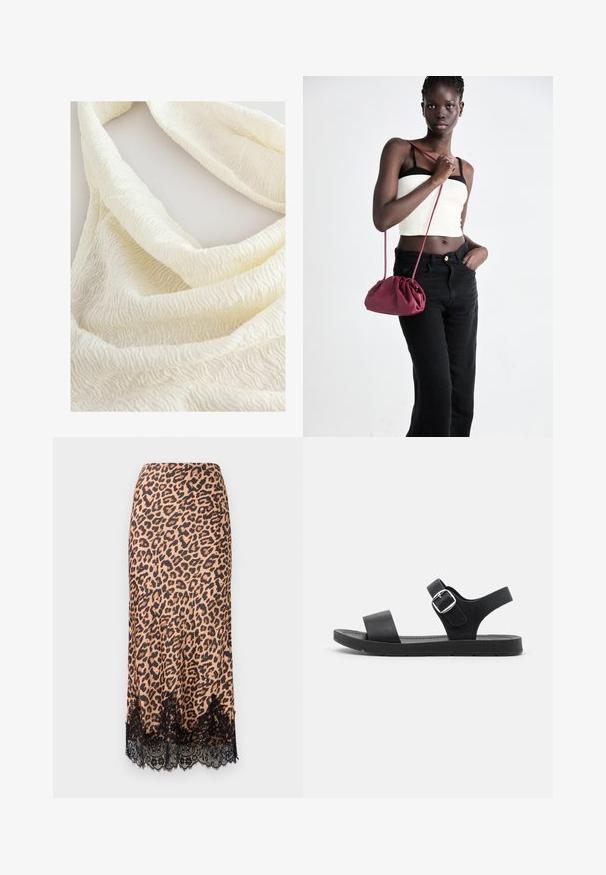 Next REGULAR FIT - TEXTURE - Top - ecru; Midirock im Leopardenmuster aus glattem Stoff, mit einem schwarzen Spitzenbesatz, A-Linien-Schnitt und einem figurbetonten Bund.; Schwarze Sandalen mit flacher Sohle, verstellbarer Schnalle, zwei breiten Riemen und glatter Textur, die für Komfort und einfaches Tragen ausgelegt sind.; Burgunderfarbene Handtasche aus weichem Stoff mit gerafftem Design und langem Trageriemen, quer über den Körper getragen. Das Modell trägt ein weißes Crop-Top und schwarze Jeans.; Set aus sechs goldenen Ringen mit verschiedenen Designs: geflochten, mit Blattmotiven und soliden Bändern; einige mit grünen Edelsteinen akzentuiert.