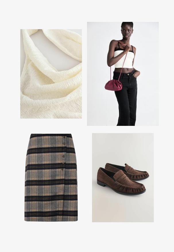 Next REGULAR FIT - TEXTURE - Top - ecru; Gonna a quadri in lana grigia, nera e beige con chiusura laterale a bottoni e leggero design avvolgente. Tessuto testurizzato con un pattern classico.; Mocassini in suede marrone con una texture morbida, cuciture in stile mocassino e punta arrotondata. Suola in gomma nera e dettaglio in pelle ripiegata.; Borsa a tracolla in morbido tessuto bordeaux con design arricciato e una lunga tracolla, indossata a tracolla. Il modello indossa un top corto bianco e jeans neri.