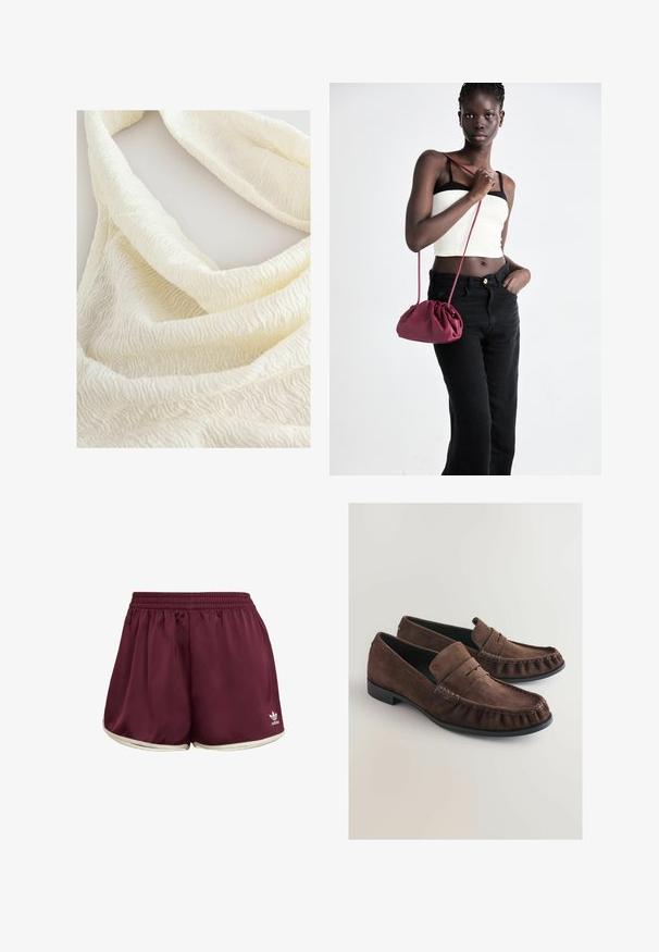 Next REGULAR FIT - TEXTURE - Top - ecru; adidas Originals SPRINTER - Shorts - maroon cream white; Bruine suède loafers met een zachte textuur, moccasin-stijl stiksels en een ronde neus. Zwarte rubberen zool en een gevouwen leren manchet detail.; Bordeaux zachte stoffen handtas met een geplooid ontwerp en een lange schouderband, crossbody gedragen. Model draagt een witte crop top en zwarte jeans.