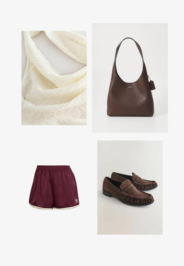 Next REGULAR FIT - TEXTURE - Top - ecru; adidas Originals SPRINTER - Shorts - maroon cream white; Braune Wildleder-Loefer mit sanfter Textur, Mokassin-artiger Naht und runder Spitze. Schwarze Gummisohle und ein gefaltetes Lederdetail am Schaft.; COACH BROOKLYN SHOULDER BAG - Handtasche - brown