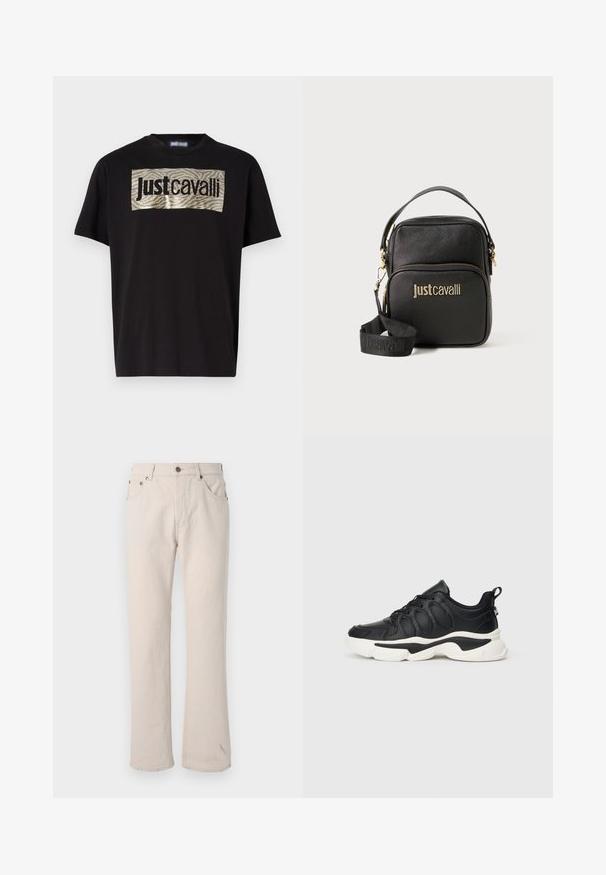 Crna majica kratkih rukava sadrži pravokutni grafički uzorak u srebrnoj i zlatnoj boji sa uzorkom tigrovih pruga, na kojem se nalaze podebljana crna slova "JustCavalli".; Bež traperice ravnog kroja, s pet džepova, zatvaranjem na gumb i suptilnim detaljima šivanja uz šavove.; Crne niskotopne tenisice s bijelim debelim potplatom, vezanjem sprijeda i trakicom na peti, prikazane na jednolično svijetloj pozadini.; Crna torba s teksturom i zlatnim logotipom brenda. Ima gornju dršku i podesivu traku, zatvaranje na patentni zatvarač i kvadratni oblik.