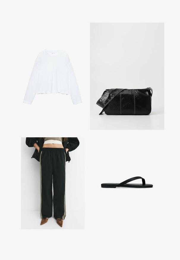 T-shirt blanc à manches longues et cropped, en tissu doux, avec un col rond et une coupe décontractée dotée de manches à revers. Design simple et épuré.; Jogging noir ample avec taille élastique et poches latérales, ornés de rayures beige clair contrastantes le long des jambes.; Tongs noires en caoutchouc, avec une semelle plate, des fines lanières et un motif texturé sur la semelle intérieure. Design minimaliste, vue de profil.; Sac à épaule en cuir noir avec une fermeture éclair, doté d'un corps texturé, de coutures blanches et d'une sangle avec des œillets en argent.