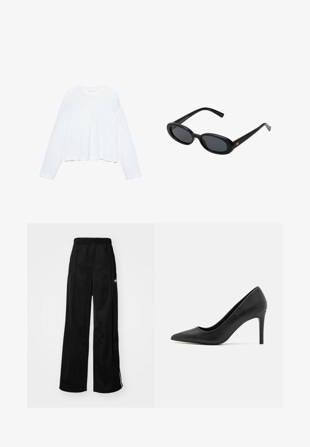 Dolgim rokavom bel cropped majica, izdelana iz mehkega materiala, ima okroglo ovratnico in sproščen kroj z ovratniki na rokavih. Preprost in čist dizajn.; Črne široke trenirke z elastičnim pasom, ki imajo bele stranske črte in majhen logotip na levem boku. Gladka tekstura tkanine.; Črne visoke pete s koničastim nosom, narejene iz gladke usnje, z elegantnim dizajnom in tankim cilindričnim peto.; Črne oversize sončne očala z ovalnimi lečami, gladkim plastičnim okvirjem in zlatenimi detajli na templjih. Temne leče zagotavljajo zaščito pred soncem.