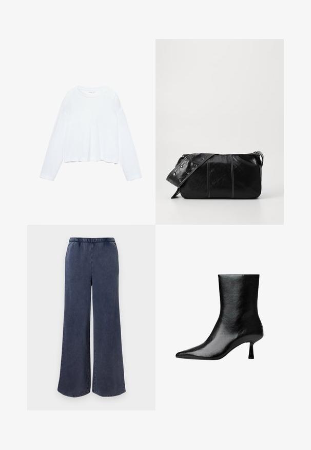 Biele cropped tričko s dlhým rukávom, vyrobené z jemnej látky, má okrúhly výstrih a voľný strih s manžetovými rukávmi. Jednoduchý a čistý dizajn.; Námornícke modré nohavice s širokými nohavicami a elastickým pásom, rovný strih a jemná textura, vystavené na jednoduchom bielom pozadí.; Čierne členkové topánky vyrobené z lesklej kože s ostrou špičkou a štíhlým podpätkom, s hladkou textúrou a minimalistickým dizajnom.; Čierna kožená kabelka cez plece so zipsovým uzáverom, so štruktúrovaným telom, bielym prešívaním a popruhom so striebornými očkami.