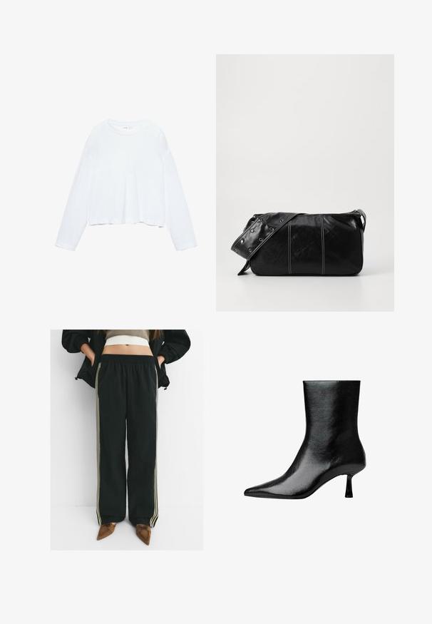 Tricou alb crop cu mânecă lungă, confecționat dintr-un material moale, are guler rotund și un croi lejer cu mâneci cu manșetă. Design simplu și curat.; Pantaloni joggeri negri, lejeri, cu talie elastică și buzunare laterale, având dungi contrastante de un bej deschis pe lungimea picioarelor.; Botine negre până la gleznă, fabricate din piele lucioasă, cu vârf ascuțit și toc subțire, având o textură netedă și un design minimal.; Geantă de umăr din piele neagră cu închidere cu fermoar, având un corp texturat, cusături albe și o curea cu ochiuri argintii.