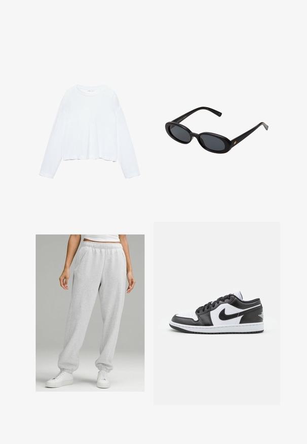Langarmige witte cropped t-shirt, gemaakt van zachte stof, heeft een ronde hals en een losse pasvorm met omgeslagen mouwen. Eenvoudig en strakke ontwerp.; Grijze sweatpants gemaakt van een katoenmix, met een elastische tailleband, zijzakken en taps toelopende boorden, gecombineerd met witte sneakers.; Zwart-witte Nike lage sneakers hebben een glad leren bovenwerk, een ronde neus, vetersluiting en een gestippelde rubberen zool.; Zwarte oversized zonnebril met ovale lenzen, een glad plastic montuur en gouden accenten op de pootjes. Donkere lenzen bieden bescherming tegen de zon.