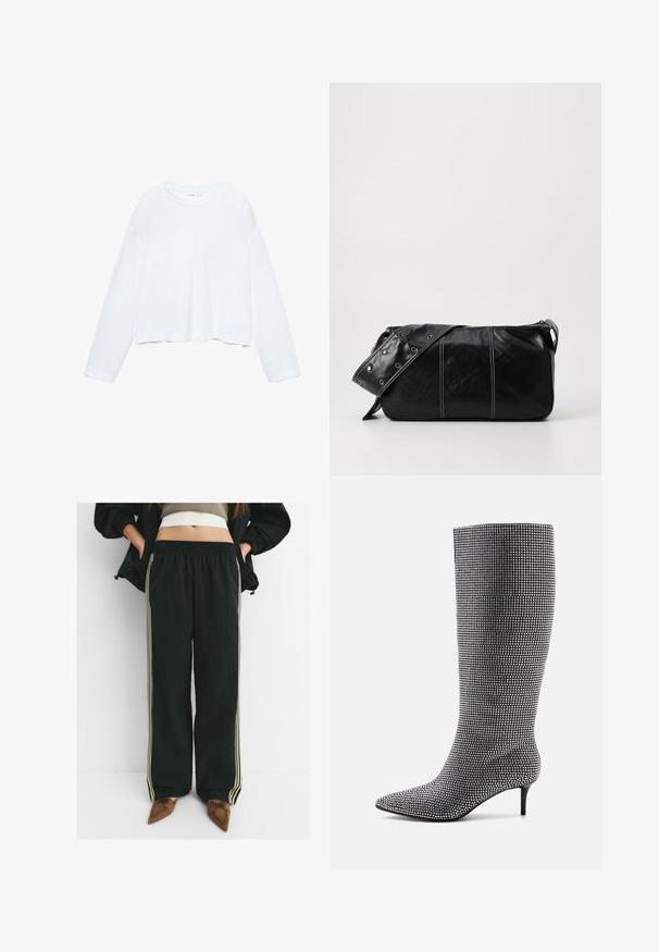 Långärmad vit croppad t-shirt, tillverkad av mjukt material, har rund hals och en avslappnad passform med manschetterade ärmar. Enkel och ren design.; Svarta, löst sittande joggers med elastiskt midjeband och sidofickor, med kontrasterande ljusbeiga ränder längs benen.; Knähöga svarta stövlar täckta med små silverstrass, med spetsig tå och smal klack. Slät yta med en kroppsnära design.; Svart läder axelväska med dragkedjestängning, som har en texturerad yta, vit sömnad och ett bälte med silveröglor.