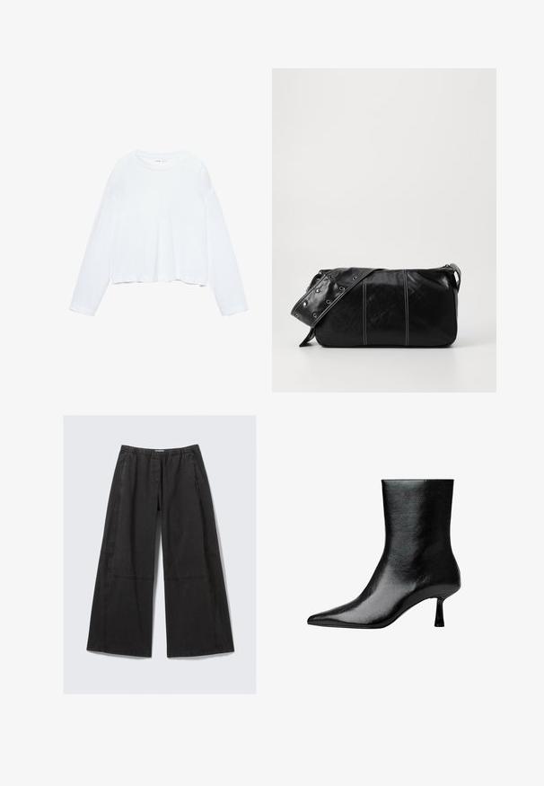 Langarmige witte cropped t-shirt, gemaakt van zachte stof, heeft een ronde hals en een losse pasvorm met omgeslagen mouwen. Eenvoudig en strakke ontwerp.; Zwarte wijde broek van katoen. Bevat een elastische tailleband en zijnaad met stikseldetails. Rechte voorkant zonder zakken.; Zwarte enkelboot van glanzend leer met een spits toelopende neus en slanke hak, met een soepele textuur en minimalistisch ontwerp.; Zwarte leren schoudertas met een ritsluiting, voorzien van een gestructureerd lichaam, witte stiksels en een band met zilveren oogjes.
