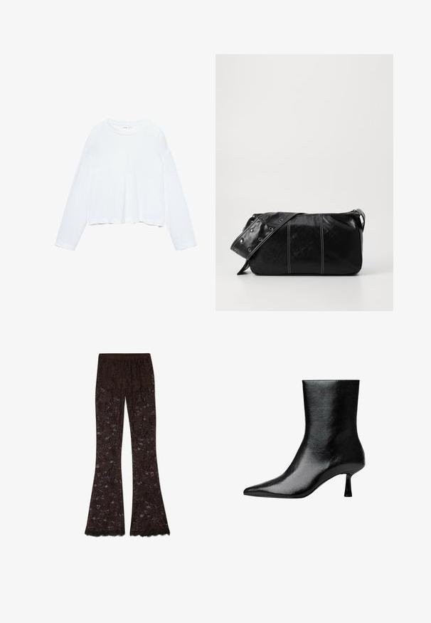 Langærmet hvid cropped t-shirt, lavet af blødt stof, har en rund hals og en afslappet pasform med manchetter på ærmerne. Simpelt og rent design.; Brune blondebukser med udsvungne ben og blomstermønster, der har en tekstureret overflade og frynser i kanten. Elastisk talje.; Sorte ankelstøvler lavet af blank læder med spidse tær og slank hæl, der har en glat tekstur og et minimalistisk design.; Sort læder skuldertaske med lynlås, der har en tekstureret overflade, hvid syning og en rem med sølvøskner.