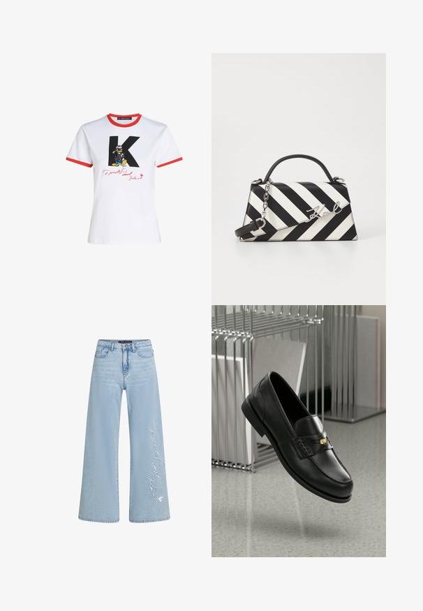 Biela bavlnená tričká s červeným výstrihom a lemovaním rukávov. Má čierny grafický prvok 'K' a Káčera Donalda s podpisom v červenej farbe.; Svetlomodré široké džínsy z denimu s vyšitým textom "Donald a Daisy" na ľavom boku. Majú klasický dizajn s piatimi vreckami a pútka na opasok.; Čierne kožené mokasíny s hladkým povrchom, s ozdobnou páskou a malým zlatým akcentom. Podrážka je plochá s zaoblenou špičkou.; Čierno-bielo pruhovaná kabelka so štruktúrovaným tvarom, obsahujúca hornú rúčku, odnímateľný reťazový popruh a kovový logo akcent.