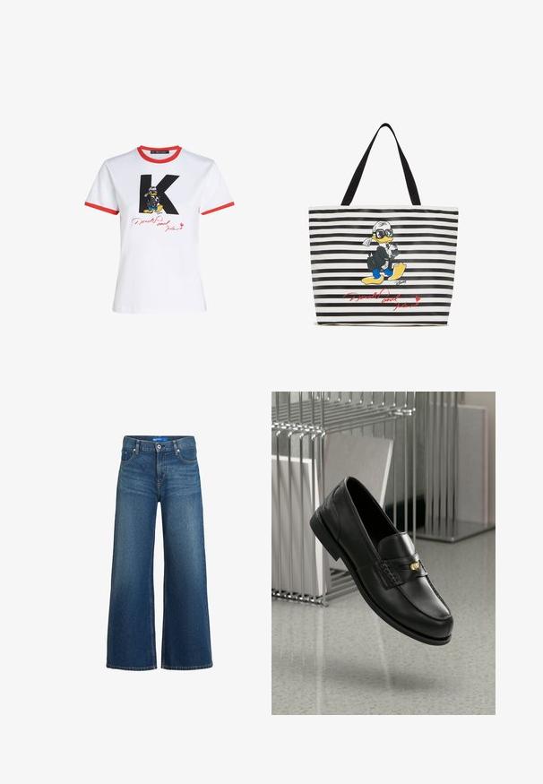 Hvit bomull t-skjorte med rød hals og ermeendringer. Har en svart 'K' og en Donald Duck-grafikk med en signatur i rødt.; Vide benbukser i mørkeblått, med høy livhøyde, knappelukking og frontlommer. Stoffet har en glatt tekstur med minimal falming.; Sorte lærloafers med en glatt finish, med en dekorativ rem og liten gullaccent. Sålen er flat med rund tå.; Toff veske med svart-hvite striper, grafikk av en tegneserieand i svart dress og solbriller, med signatur i rødt tekst.