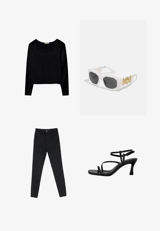 Černý top s dlouhým rukávem a čtvercovým výstřihem, vyrobený z hladkého materiálu, s krátkým lemem a bez dalších vzorů či ozdob.; Černé skinny džíny z denimu, s vysokým pasem, piatí kapsami a surovým lemem na kotnících. Klasické zapínání na knoflík a zip.; Černé kožené sandály na podpatku s tenkými pásky, čtveratou špičkou a jehlovým podpatkem. Nastavitelný pás kolem kotníku pro lepší přizpůsobení. Hladký povrch.; Bílé osmihranné sluneční brýle s tmavými skly. Obsahují zlaté kovové detaily a texturovaný design na nožičkách.; Černá syntetická taška přes rameno s zakřivenou siluetou, strukturovaným povrchem, zlatým trojúhelníkovým logem a odnímatelnými kovovými akcenty.