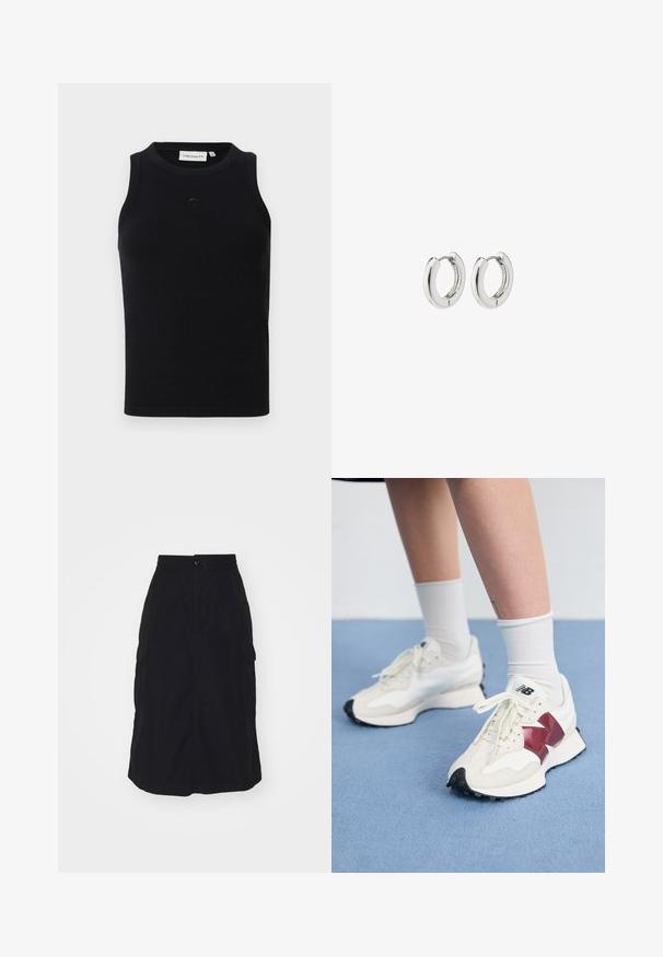 Črn brezrokavnik iz ribane tkanine, z okroglo odprtino za vrat in majhnim logotipom na sprednji strani. Preprost, prilegajoč se dizajn.; Črna midi krila z elastičnim pasom, sprednjim gumbom in dvema stranskima cargo žepoma. Gladek material s ravnim krojem.; Par belih športnih copat z maroon detajli, teksturiranimi paneli, ravnim črnim podplatom in svetlim vezalkami, obutih z belimi gležnjarji.; Srebrni obročasti uhani s poliranim finišom, ki se ponašajo s krožno zasnovo in brezšivnimi tečaji ter gladko teksturo.