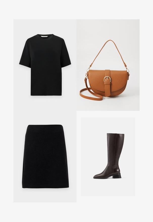 Čierne tričko s krátkymi rukávmi a okrúhlym výstrihom, relaxovaného strihu, vystavené na jednoduchom bielom pozadí.; Čierna mini sukňa vyrobená z mäkkej tkaniny, s rovnými strihom a bezšvovým pásom, bez viditeľných zapínaní alebo vzorov.; Hnedé kožené čižmy po kolená s hladkým povrchom, okrúhlou špičkou a čiernym vyvýšeným podpätkom. Jednoduchý dizajn s minimálnymi hardvérovými detailmi.; Hnedá kožená kabelka cez telo s zakriveným tvarom, zlatými kovovými doplnkami a akcentom s prackou. Obsahuje odnímateľný ramenný popruh.