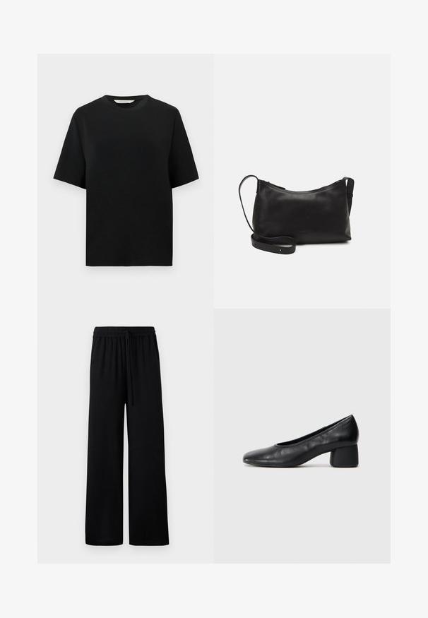 camiseta negra de manga corta con cuello redondo y un corte relajado, presentada sobre un fondo blanco liso.; Pantalones anchos negros con cintura elástica y cordón ajustable. Tejido suave sin patrones ni acentos visibles.; Zapato de tacón negro en piel con punta redonda y tacón bloque medio. Textura suave con un detalle minimalista, que incluye una sutil abertura elástica.; Bolso de hombro de cuero negro con una textura suave, forma curvada, correa ajustable y cierre con cremallera. Diseño minimalista sin adornos.