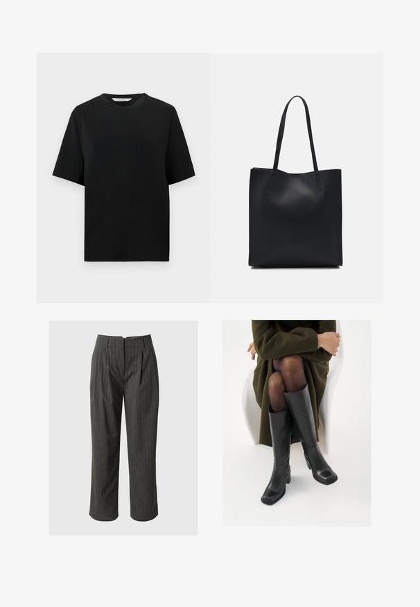 T-shirt preto de manga curta com decote redondo e ajuste relaxado, apresentado sobre um fundo branco liso.; Calças cinza com riscas, de corte ajustado, frente plissada e bainha curta. Feitas de um tecido tecido com uma textura suave.; Botas de couro pretas até ao joelho com biqueira quadrada e salto em bloco, apresentadas com um modelo sentado num casaco verde-azeitona. Textura lisa, com detalhes mínimos.; Bolsa tote preta em couro com textura lisa, forma retangular e duas alças longas. Sem hardware ou enfeites visíveis.