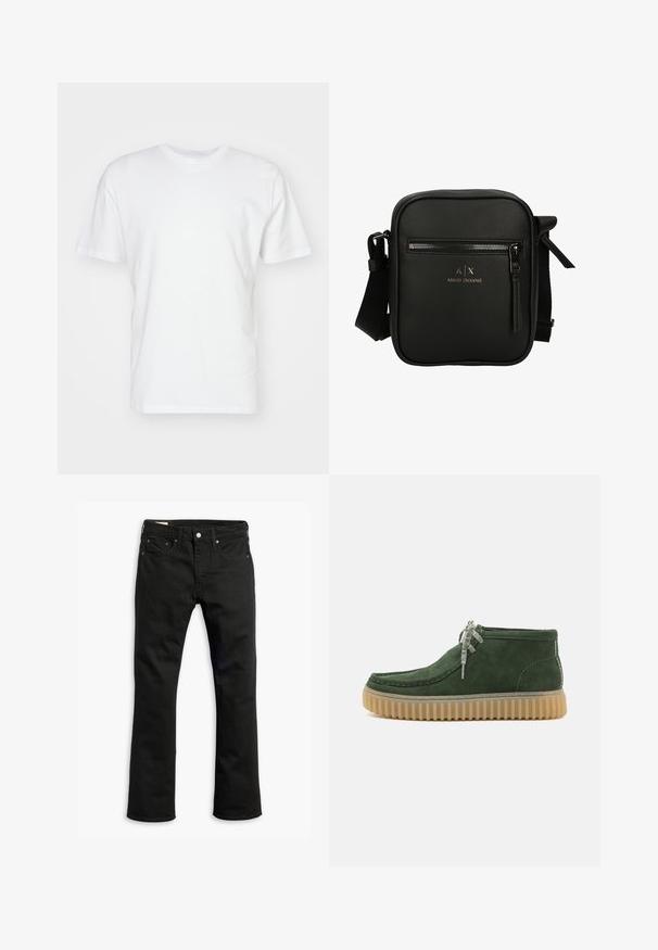 Hvit bomull T-skjorte med korte ermer, rund hals og en jevn tekstur. Enkel design uten mønstre eller grafikk.; Svarte denimjeans med rett ben-design, fem lommer, metallknappelukking og subtile stikkingdetaljer. Glatt tekstur og ensfarget.; Grønne semskede ankelstøvler med rund tå, struktureret gummisål og lysfarvede snørebånd. Har synlige syninger og et robust design.; Svart lær crossbody-veske med rektangulær form, frontlomme med glidelås, justerbar stropp og preget logo på forsiden.