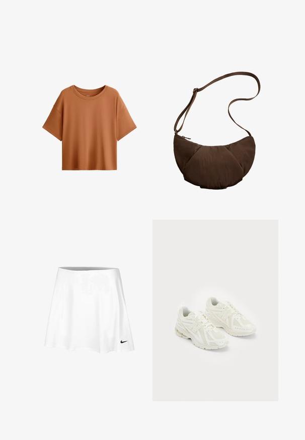 Majica s kratkimi rokavi v kvadratnem kroju v rjavi barvi. Narejena iz gladkega materiala z širokim izrezom in sproščenim krojem, s čistim robom.; Bela teniška krila iz lahkega materiala, z razširjenim dizajnom in elastičnim pasom. Majhna črna Nikejeva etiketa se nahaja na robu.; Beli športni copati iz mrežastih in sintetičnih materialov, z vezalkami, oblazinjenim ovratnikom in strukturiranim podplatom za oprijem. Lahka konstrukcija.; Rjava, oblazinjena torba z naramnicami in ukrivljeno obliko, ki ima zadrgo in nastavljiv pas za vsestranske možnosti nošenja.