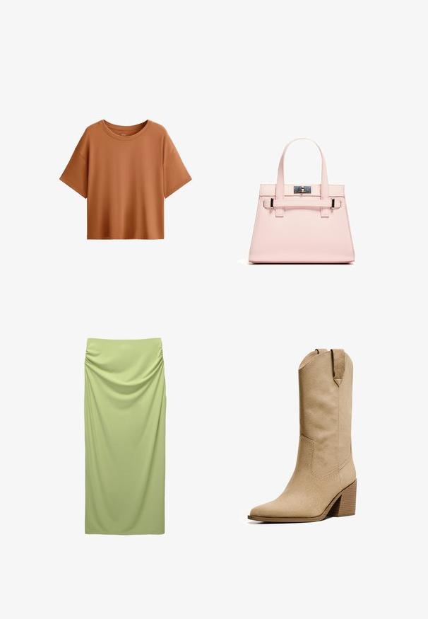 Tricou cu mânecă scurtă, de tip boxy, într-o culoare ruginie. Fabricat dintr-un material neted, cu un decolteu larg și un croi lejer, având un tiv curat.; Fustă lungă, cu talie înaltă, dintr-un material moale, de culoare verde deschis. Prezintă detalii pliate pe lateral pentru textură și fall.; Bershka HIGH-HEEL - Cizme cowboy/biker - beige; Geantă structurată roz, confecționată din piele texturată, cu două mânere superioare, închidere cu clip și accente metalice contrastante.