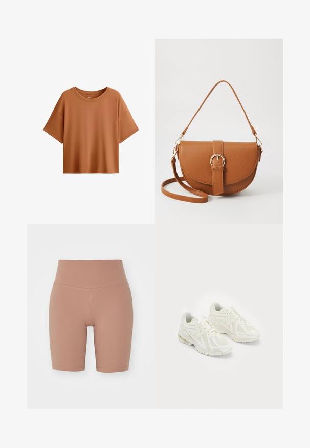 T-shirt z krótkim rękawem o pudełkowym kroju w kolorze rdzy. Wykonany z gładkiego materiału, z szerokim dekoltem i luźnym fasonem, z czystym wykończeniem. ; Rowerki o wysokim stanie w beżowym kolorze, wykonane z elastycznego materiału, charakteryzujące się gładką fakturą i schludnymi szwami, zapewniającymi komfort i odpowiednie dopasowanie.; Białe buty sportowe wykonane z siateczki i materiałów syntetycznych, z wiązanym fasonem, wyściełanym kołnierzem i strukturalną podeszwą dla lepszej przyczepności. Lekka konstrukcja.; Brązowa skórzana torba na ramię o zaokrąglonym kształcie, ze złotymi akcentami i zapięciem w formie klamry. Posiada odpinany pasek na ramię.