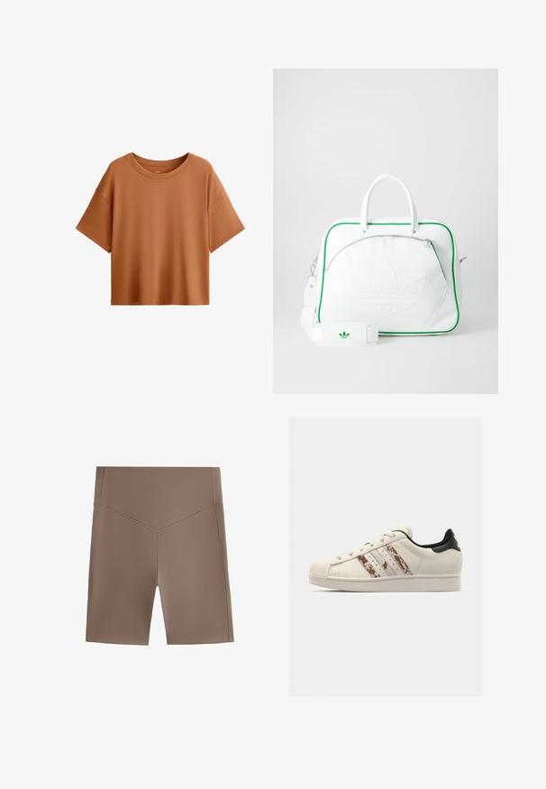 T-paita lyhyillä hihoilla ruskearuskeassa värissä. Valmistettu sileästä kankaasta, jossa on leveä kaula-aukko ja rento leikkaus, sekä siisti helma.; Ruskeat urheilusortsit, joissa on istuva muotoilu, sileä pinta ja vyötärönauha. Ominaisuuksia ovat yksinkertainen leikkaus ja siisti helma.; Valkoinen nahkainen tennari, jossa on teksturoitu, luonnonvalkoinen kumikärki. Ominaisuuksiin kuuluvat kolme ruskeaa viivaa ja musta kantaraita. Tasaiset nauhat ja logotieto.; Valkoinen nahkalaukku vihreällä reunuksella, jossa on näkyvä kohokuvioitu logo, kaksinkertaiset kahvat, irrotettava olkahihna ja vetoketjullinen etutasku.