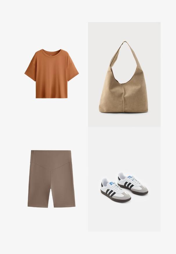 T-paita lyhyillä hihoilla ruskearuskeassa värissä. Valmistettu sileästä kankaasta, jossa on leveä kaula-aukko ja rento leikkaus, sekä siisti helma.; Ruskeat urheilusortsit, joissa on istuva muotoilu, sileä pinta ja vyötärönauha. Ominaisuuksia ovat yksinkertainen leikkaus ja siisti helma.; Urheilukengät, joissa on valkoinen nahkainen päällinen, harmaa mokkanokka ja kolme mustaa raitaa. Ominaisuuksina sininen logo kielekkeessä ja kuvioitu kumipohja.; Hobo-laukku pehmeästä beige-suedesta, jossa on löysä muoto, leveä olkahihna ja käsinommeltu sauma edessä.