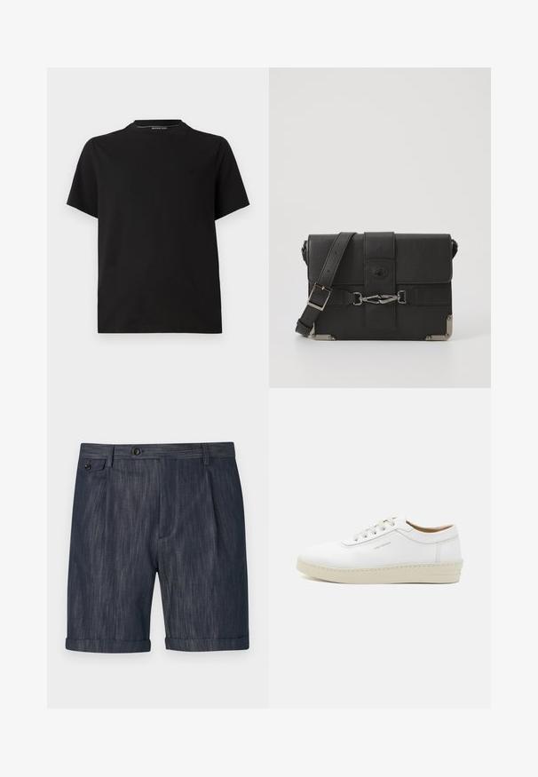 Mustat puuvillapaidat, joissa on lyhyet hihat, pyöreä pääntie ja hienovaraisesti brodeerattu logo rinnassa. Sujuva pinta.; Tummansiniset shortsit, jotka on valmistettu teksturoidusta kankaasta ja joissa on taitettu helma, etupleatit sekä yksi nappisuljenta vyötäröllä.; Valkoiset nahkakengät, joissa on teksturoitu pinta, pyöreä kärki, beigen värinen kumipohja ja kuusi harmaata nauhakujaa, joissa on huomaamaton brändäys sivussa.; Mustat nahkaiset viestintälaukut, joissa on teksturoitu pinta, metalliset yksityiskohdat, säädettävä hihna ja läppä suljenta, jossa on solk yksityiskohtia.