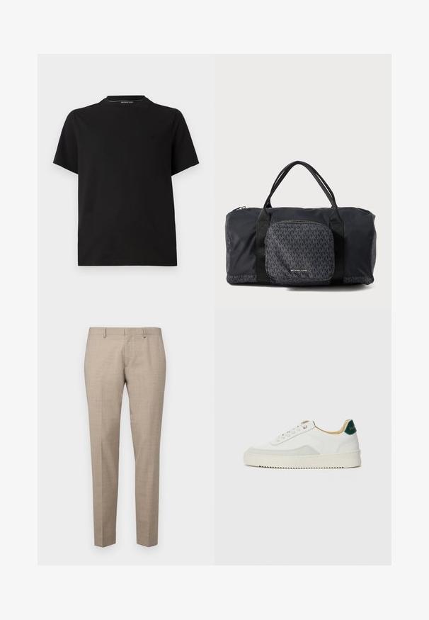 Melna kokvilnas T-krekls ar īsām piedurknēm, apaļo kakla izgriezumu un diskrētu izšuvumu uz krūtīm. Gluda tekstūra.; Michael Kors LIGHT TRAVEL PANT - Uzvalka bikses - beige; Baltas sneakers ar zamša akcentiem, noapaļota purngala, plakaniem auklām un krēmkrāsas gumijas zoli. Ar zaļu zīmolu uz papēža.; Melna Michael Kors duffel soma ar divām rokturām, priekšējais rāvējslēdzēja kabata ar atkārtotu MK logo rakstu un Michael Kors zīmolu.