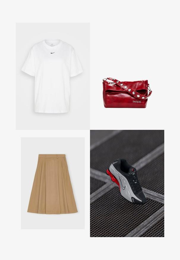 Valge puuvillane T-särk ümmarguse kaelusega, lühikeste varrukatega ja must Nike logo trükitud keskelt rinnale. Lihtne ja klassikaline disain.; Knee-length pleated seelik heledast pruunist puuvillast, millel on kergelt vormitud vöökoht vöörihmadega ja sirge alläär.; Mustmustase mustvarustuse must-hall jalats punase pehme tallaga, mustade paelte ja Swooshi logoga, asetatud metallvõre pinnale.; Punane sünteetilisest nahast õlakott, millel on voltimisega klapp, hõbedased nööbid rihmal ja trükitud "Desigual" logo.