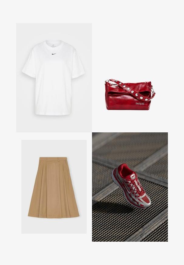 Valge puuvillane T-särk ümmarguse kaelusega, lühikeste varrukatega ja must Nike logo trükitud keskelt rinnale. Lihtne ja klassikaline disain.; Knee-length pleated seelik heledast pruunist puuvillast, millel on kergelt vormitud vöökoht vöörihmadega ja sirge alläär.; Punane ja hõbedane Nike jooksuracing, millel on võrgusilma pealmine osa, tekstuuriga talla ja silmapaistva logo. Omab keerukaid kudumisi ja pehmendusega kraed.; Punane sünteetilisest nahast õlakott, millel on voltimisega klapp, hõbedased nööbid rihmal ja trükitud "Desigual" logo.