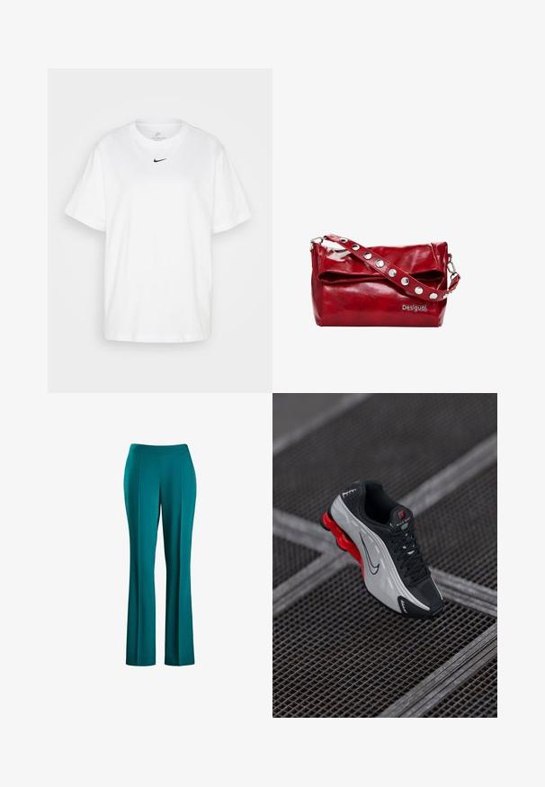 Fehér pamut póló, kerek nyakú, rövid ujjú, középen, a mellkason fekete Nike logóval. Egyszerű és klasszikus dizájn.; Zöldeskék, széles szárú nadrág sima textúrával, illeszkedő derékkal és elülső redőkkel, amely egy lágy sziluettet teremt, könnyű anyagból készült.; Fekete és szürke sportcipő piros párnázott talppal, fekete fűzőkkel és swoosh logóval, fémből készült rácsos felületen.; Piros szintetikus bőrből készült válltáska, hajtószárnyú fedéllel, ezüst snap díszítéssel a pánton és nyomtatott "Desigual" logóval.