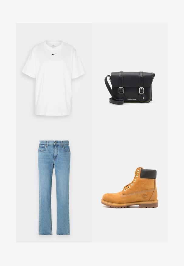 Camiseta blanca de algodón con cuello redondo, mangas cortas y un logotipo de Nike en negro impreso en el centro del pecho. Diseño simple y clásico.; Jeans de denim azul claro con corte recto, cinco bolsillos, cierre de botón y cremallera, y un ligero desgaste. Diseño clásico y sencillo.; Botín de cuero marrón con acolchado negro, ojales dorados y suela texturizada. Presenta un logotipo circular en el costado y acentos de costura.; Bolso cruzado de cuero negro con tapa, dos hebillas plateadas, costura amarilla y correa ajustable. Presenta una textura suave y un diseño compacto.; Collar de rosario de tono dorado con cuentas esféricas, un medallón decorativo central y un colgante en forma de cruz. Acabado suave en toda la pieza.