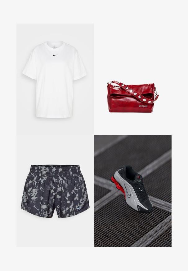 Fehér pamut póló, kerek nyakú, rövid ujjú, középen, a mellkason fekete Nike logóval. Egyszerű és klasszikus dizájn.; Fekete és szürke, batikolt sportshort, rugalmas derékpánttal, valamint egy kicsi, kék Nike logóval a jobb alsó oldalon.; Fekete és szürke sportcipő piros párnázott talppal, fekete fűzőkkel és swoosh logóval, fémből készült rácsos felületen.; Piros szintetikus bőrből készült válltáska, hajtószárnyú fedéllel, ezüst snap díszítéssel a pánton és nyomtatott "Desigual" logóval.