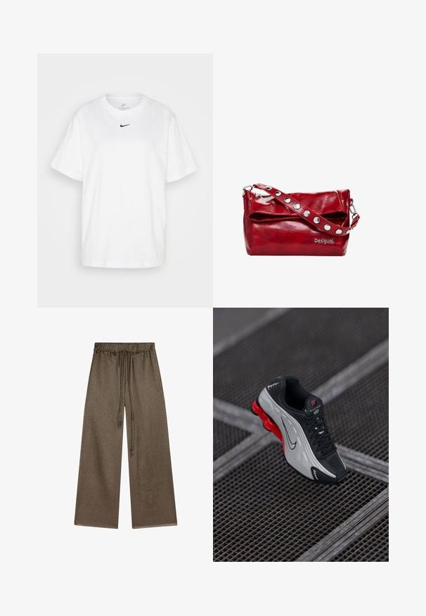 T-shirt en coton blanc avec un col rond, des manches courtes et un logo Nike noir imprimé au centre de la poitrine. Design simple et classique.; Pantalons larges en vert olive, en tissu doux et texturé. Dotés d'une taille élastique avec cordon de serrage et de poches latérales.; Chaussure de sport noire et grise avec une semelle amortie rouge, des lacets noirs et un logo en forme de swoosh reposant sur une surface en métal grille.; Sac à épaule en simili cuir rouge avec un rabat, accents en métal argenté sur la sangle et logo "Desigual" imprimé.