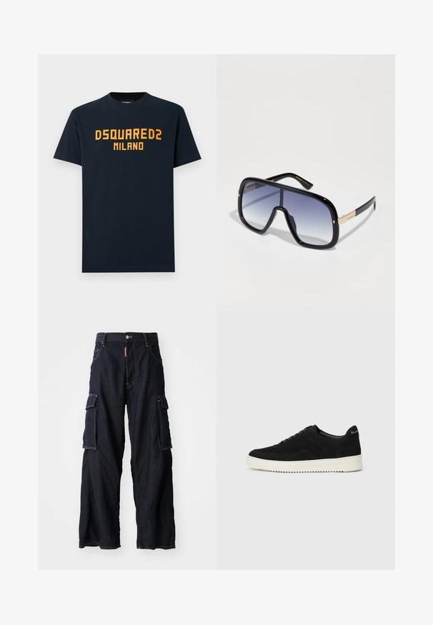 Marineblauw katoenen T-shirt met opvallende oranje tekst "DSQUARED2 MILANO" op de borst. Klassieke ronde hals en korte mouwen.; Donkerblauwe denim cargobroek met wijde pijpen, voorzien van grote zijzakken en een sluiting met een knoop aan de voorkant. Zware stof, gele stikselaccenten.; Zwarte suède sneakers met vetersluiting en contrasterende witte rubberen zool. Voorzien van textuurpanelen aan de zijkanten en subtiele branding op de hiel.; Overmatige zwarte zonnebril met een vervagende paarse lens, glanzende afwerking en gouden accenten op het oortje. Rechthoekig frame.